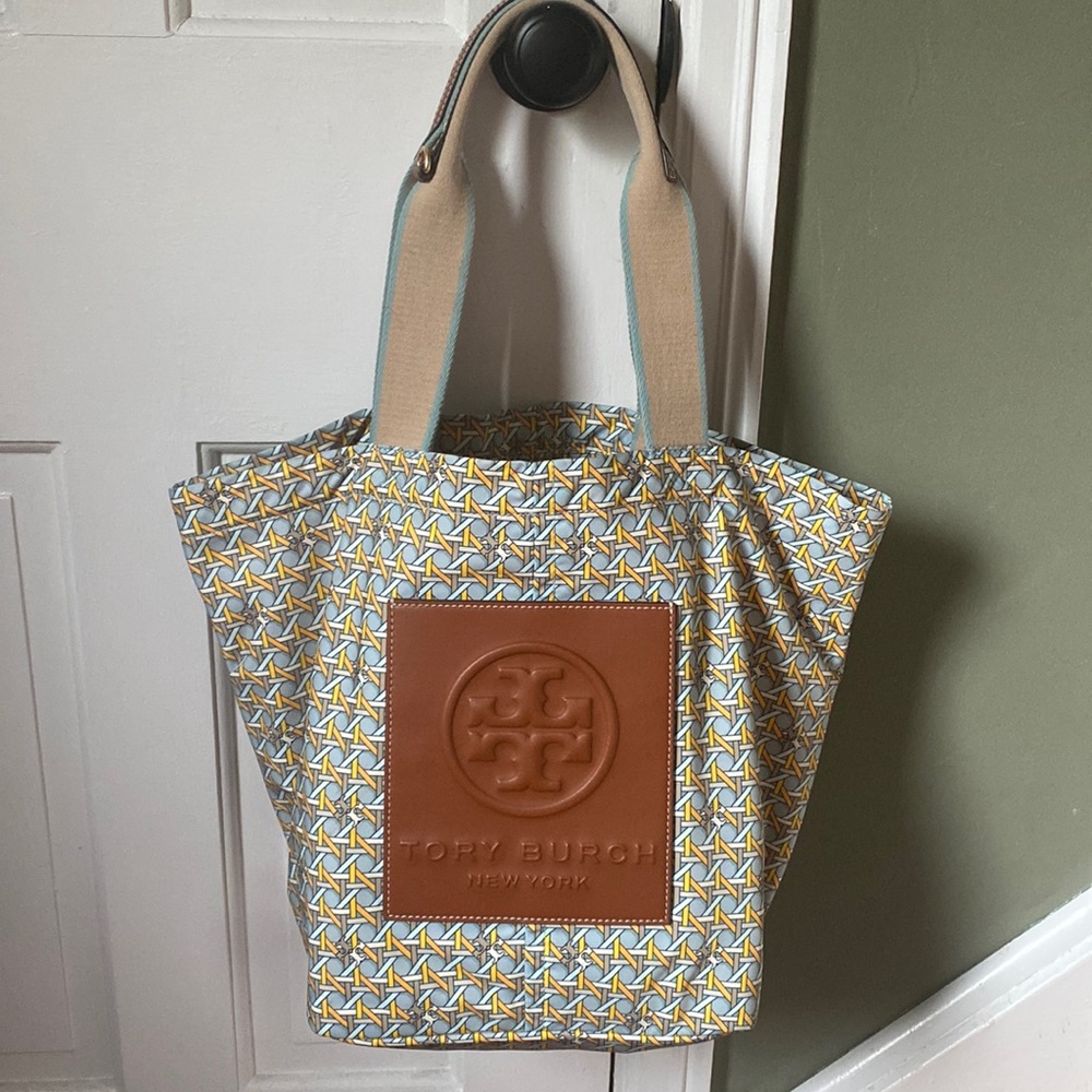 Tory Burch Printed Nylon Small Tote in Northern Blue Basketweave.